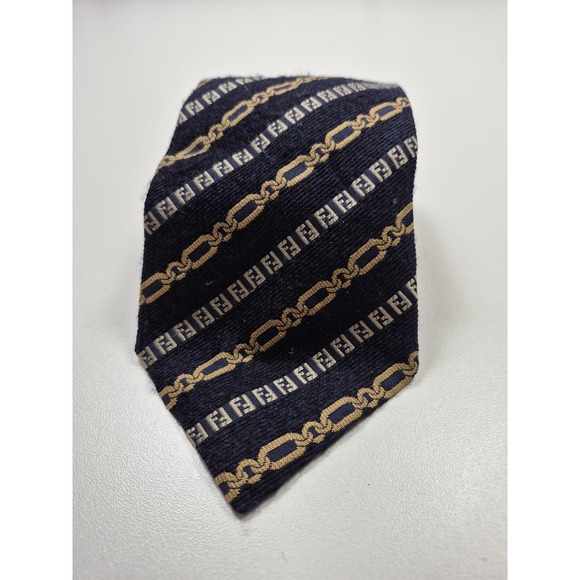 Fendi Tie Mens One Size Blue Striped Designer Woven Logo Made In Italy
